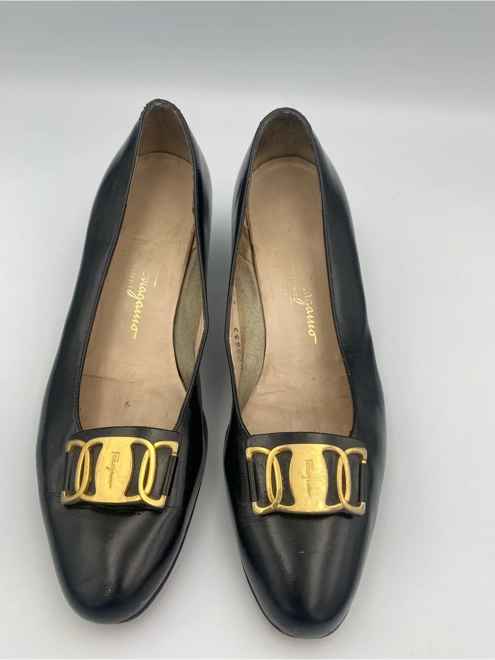 Salvatore Ferragamo Black Leather Low Heel Loafers with Gold Hardware